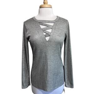 INC Women's M Metallic Silver Strappy V-Neck Top Shirt NWT